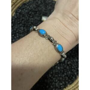 Vintage Mexico 925 Sterling Silver Blue Turquoise Heavy Oval Link Bracelet